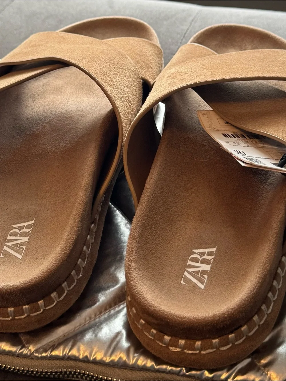 Zara Tan Suede Crisscross Slide Sandals